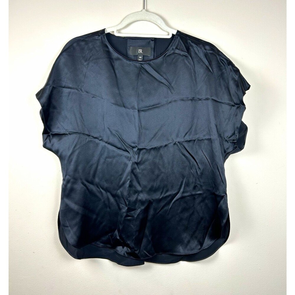 Banana Republic XS Black 100% Silk Satin Pleated Round Neck Cap Sleeve Blouse